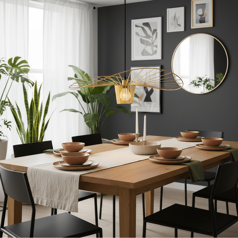 Stylish dining setup featuring the Sensu Large Infinite Gold Pendant Light above a wooden table with bowls and candles.
