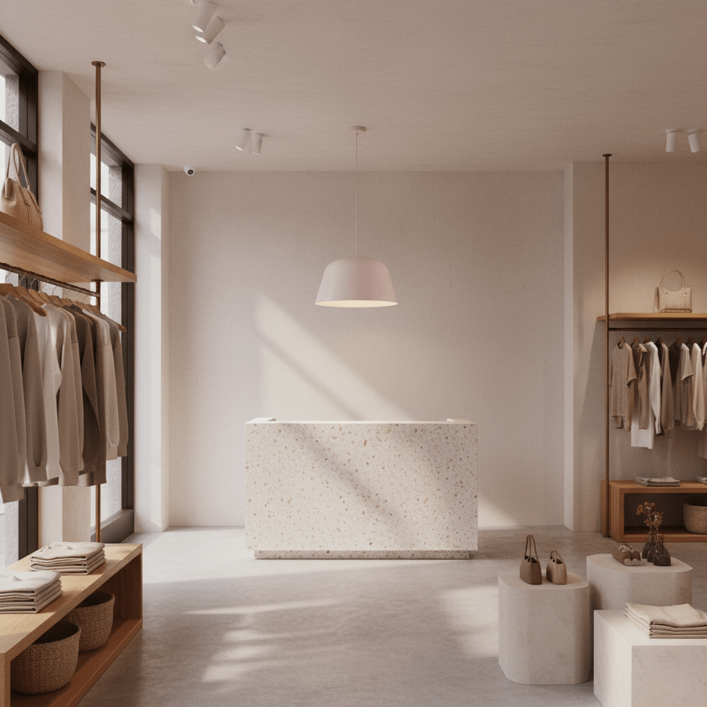 Modern retail space with a hanging pendant light over a terrazzo reception desk, clothing racks, shelves, and stools.