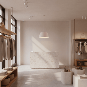 Modern retail space with a hanging pendant light over a terrazzo reception desk, clothing racks, shelves, and stools.