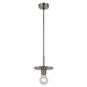Satin chrome plate pendant with black cord, circular ceiling mount, and glowing glass bulb, shown against a green backdrop.