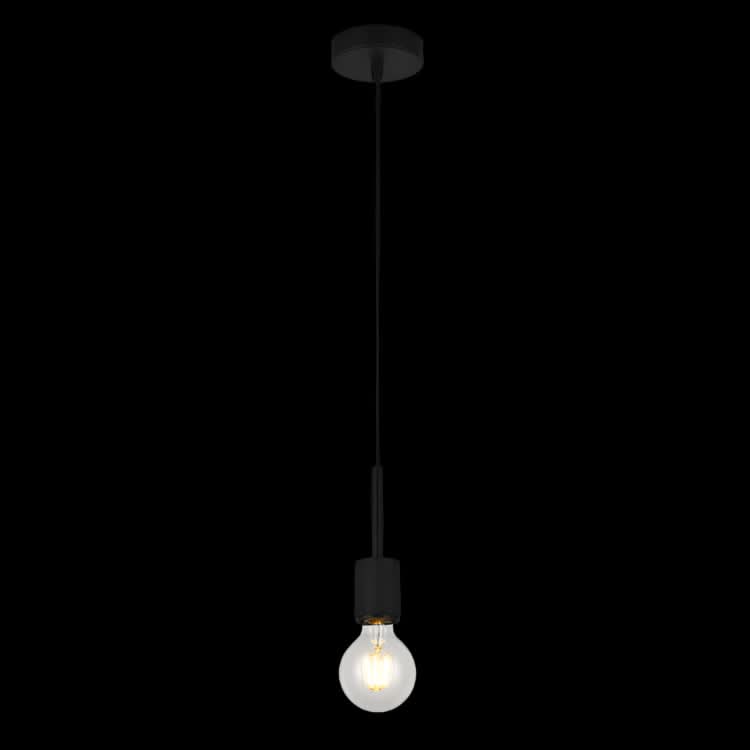 Black pendant light with a lit bulb on a white background