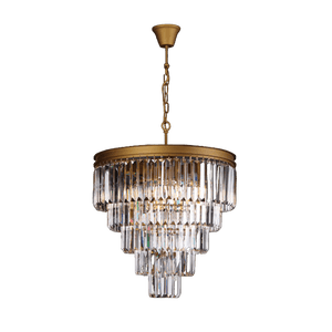 Chandelier with clear crystal tiers and gold accents on a black background