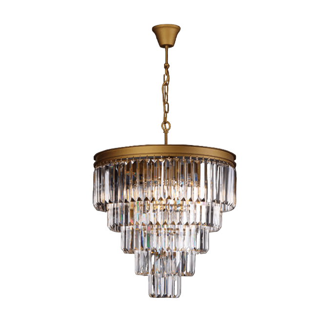 Chandelier with clear crystal tiers and gold accents on a black background