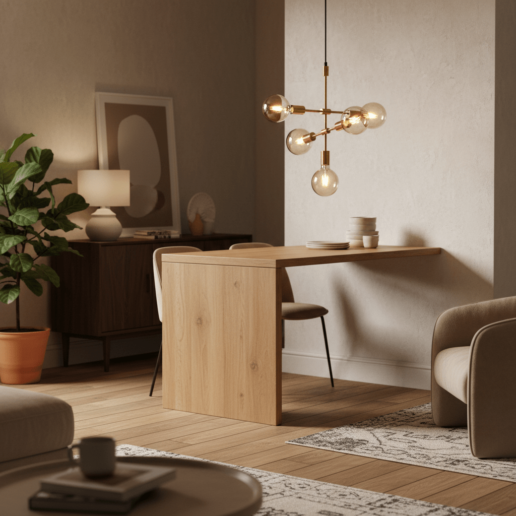 Stylish Ballito 5 Light Gold Pendant hanging above a wooden dining table in a modern living space.