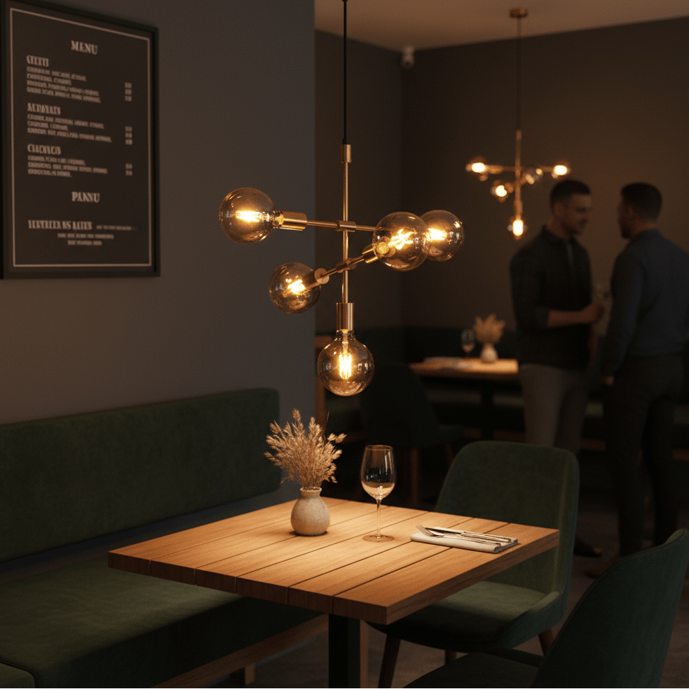 Stylish Ballito 5 Light Gold Pendant illuminating a dining table with a warm ambiance in a modern setting.