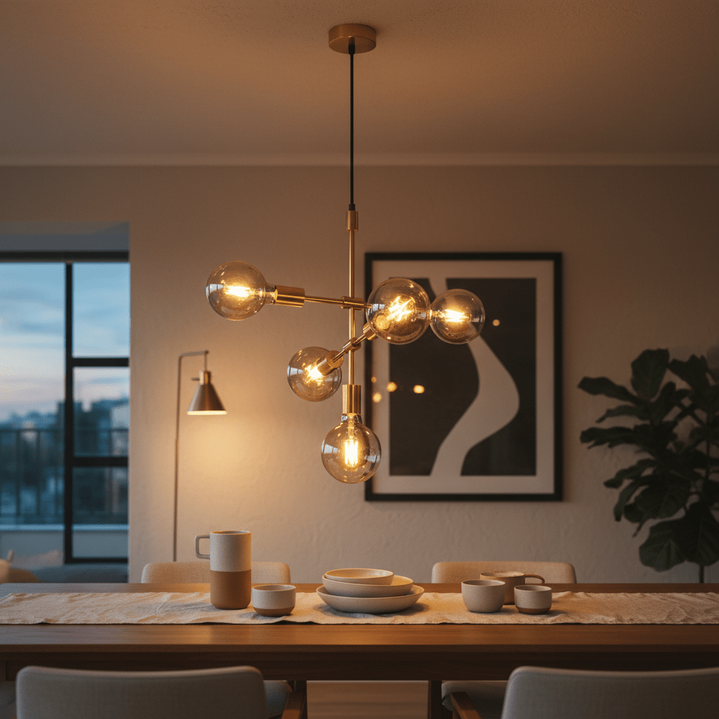 Stylish Ballito 5 Light Gold Pendant hanging above a dining table set with plates and cups.