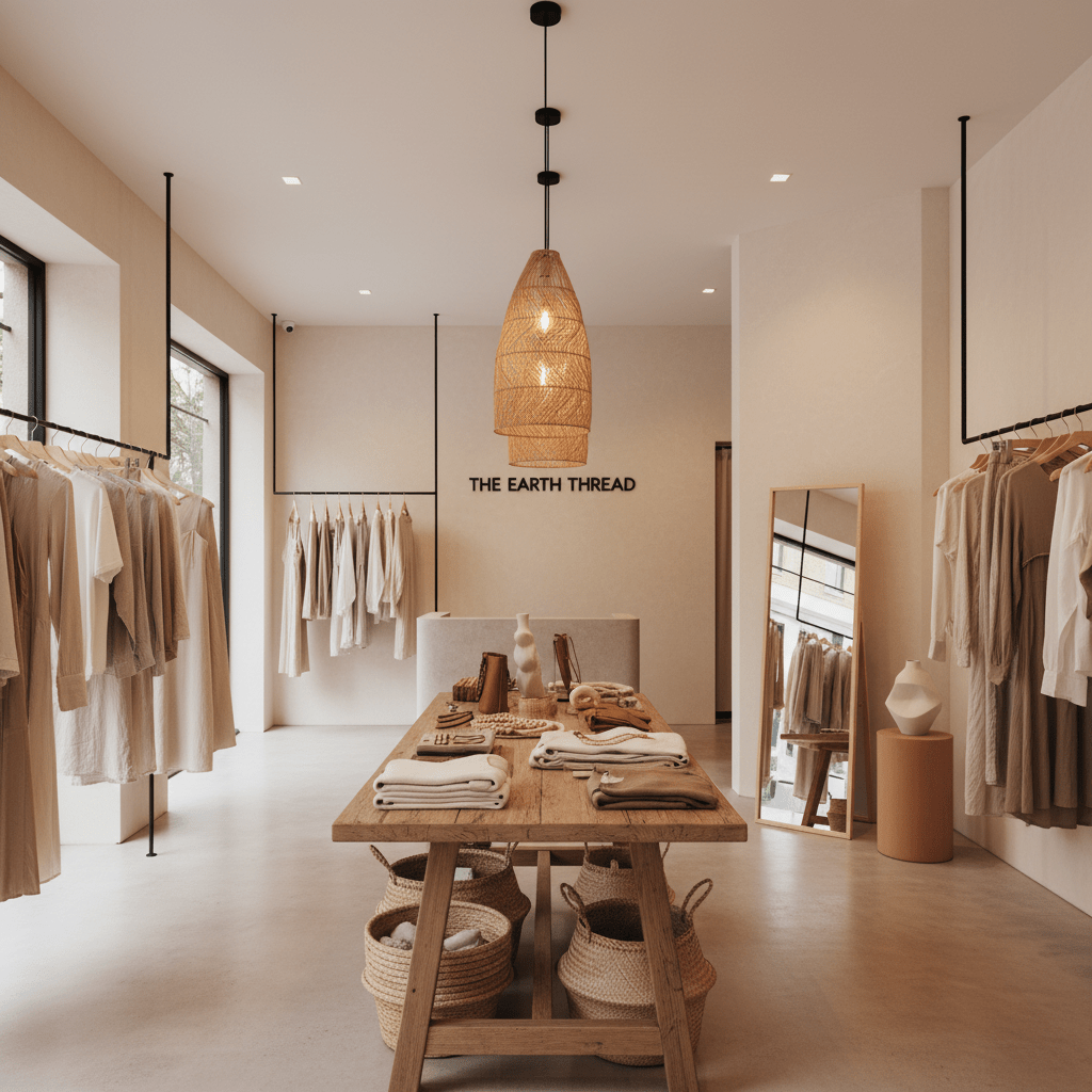 Rattan pendant light hanging above a wooden table in a stylish retail space with neutral decor.