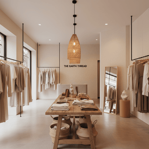 Rattan pendant light hanging above a wooden table in a stylish retail space with neutral decor.