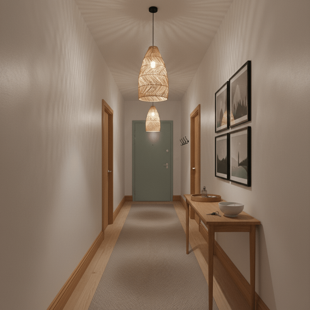 Rattan pendant lights hanging in a hallway, illuminating the space with warm, decorative light.