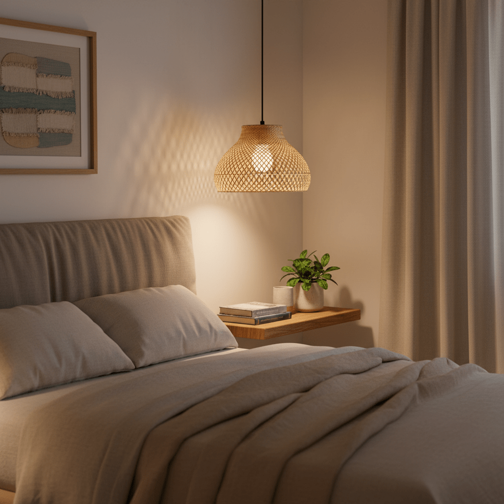 A cozy bedroom scene featuring a rattan bamboo pendant light above a bedside table with a plant and books.
