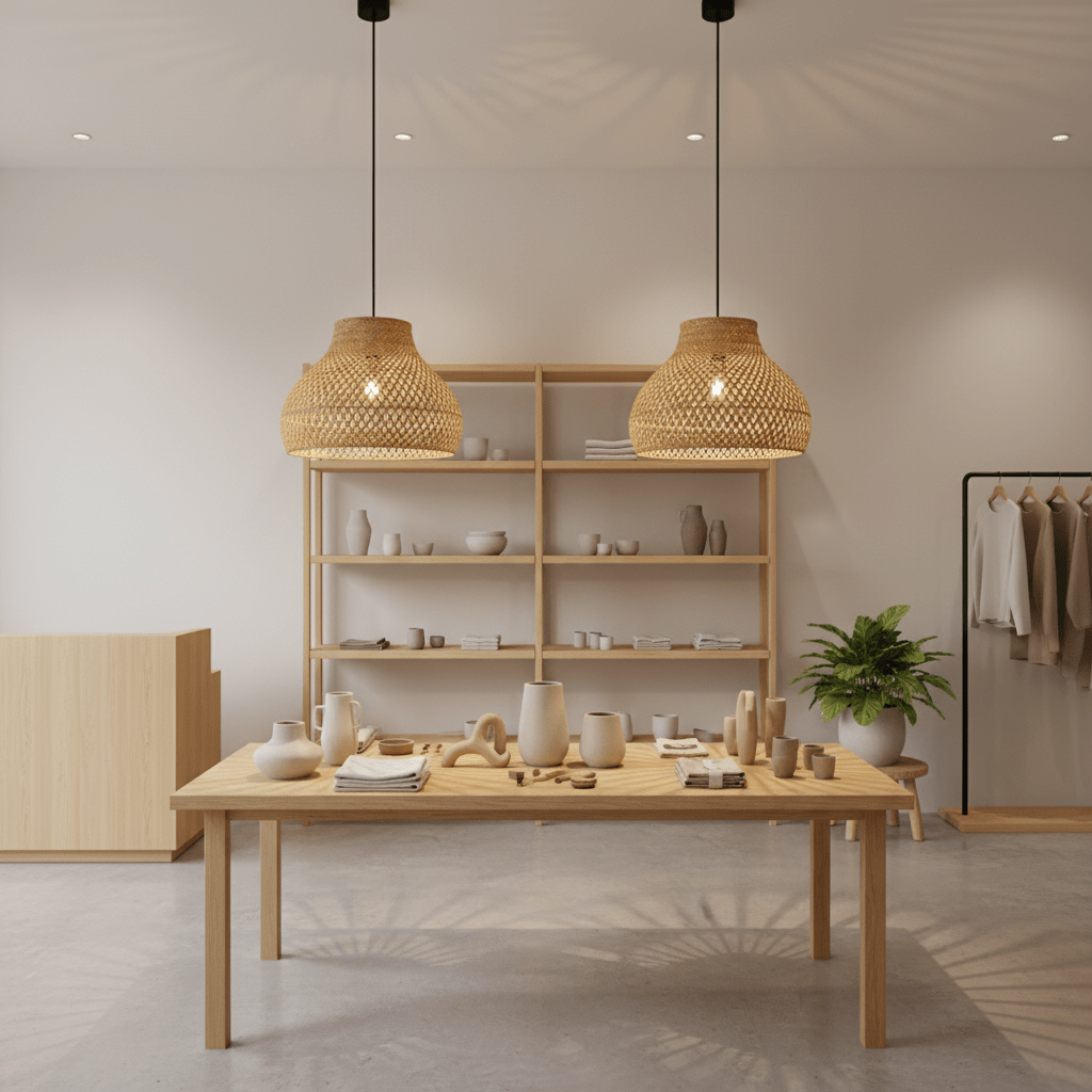 Two cone-shaped rattan bamboo pendant lights hanging above a wooden table with decorative items.