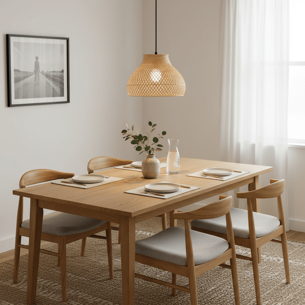Hand-woven rattan and bamboo pendant light hanging above a wooden dining table set with plates and a vase.