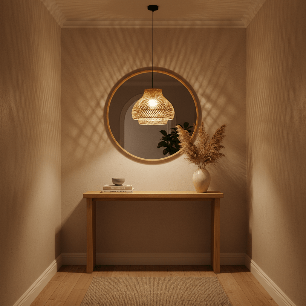 A rattan bamboo pendant light hangs above a wooden console table with a round mirror and decorative vase.