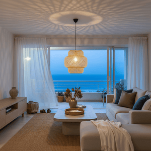 Bamboo rattan pendant light hanging in a modern living room with ocean view, casting soft shadows.