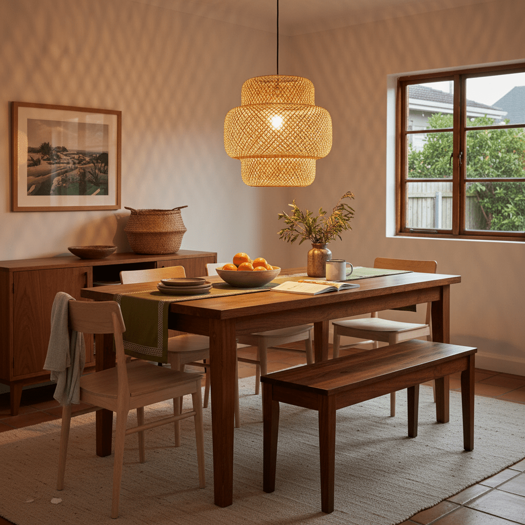 Why Bamboo Pendant Lights Work So Well in Coastal, Bush & Eco-Style Interiors, close-up of woven bamboo pendant with warm 2700K LED bulb in a realistic Cape Town kitchen nook, accurate light diffusion and glare control, natural material detail, realistic 800x800 composition with olive and brass accents