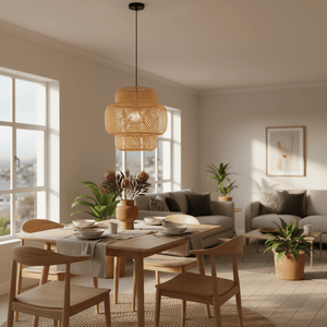 Bamboo rattan pendant light hanging above a dining table set with dishes, surrounded by plants and a cozy lounge area.