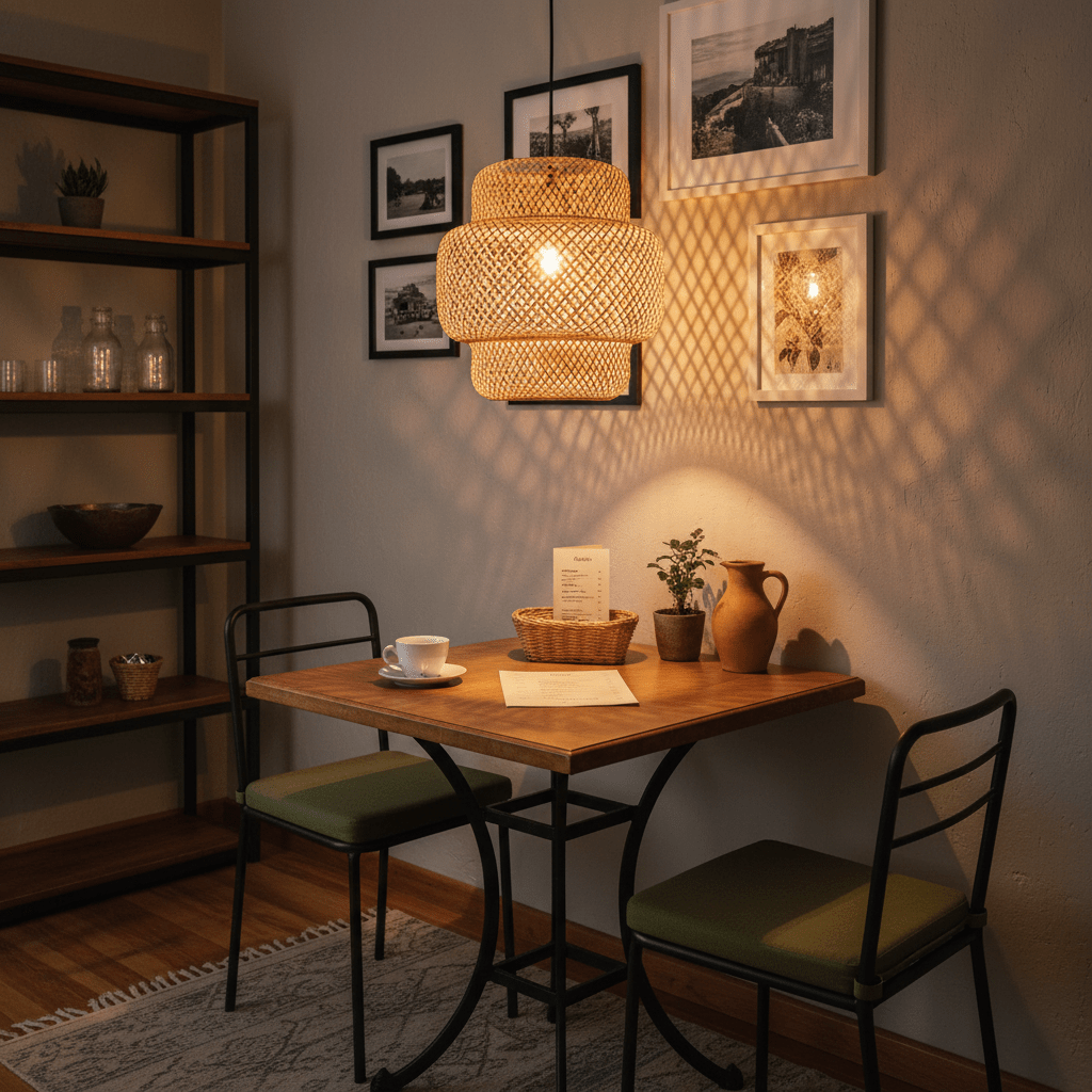 Bamboo rattan pendant light casting a warm glow over a wooden dining table with green chairs and decorative items.