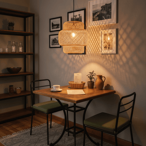 Bamboo rattan pendant light casting a warm glow over a wooden dining table with green chairs and decorative items.