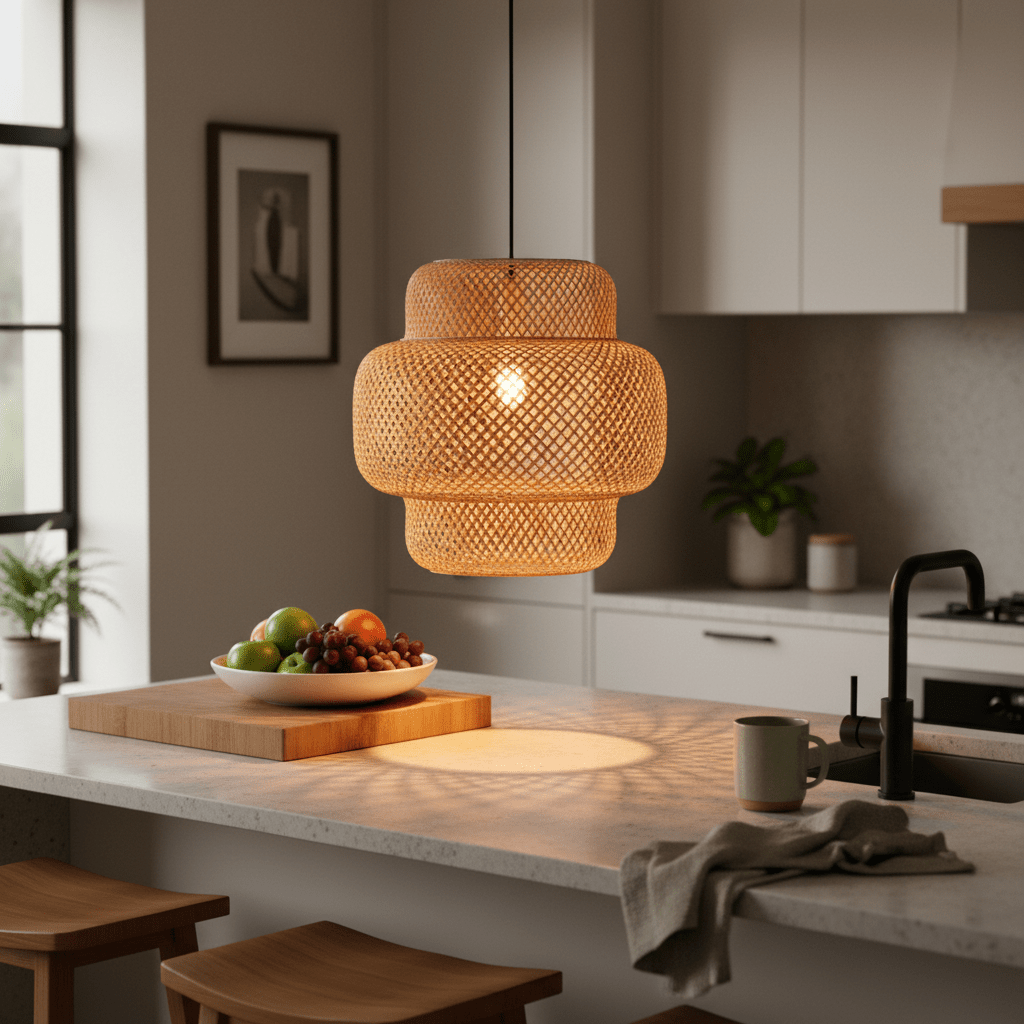 Bamboo rattan pendant light hanging above a kitchen island with a fruit bowl and coffee mug.