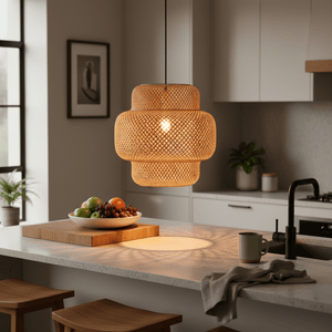 Bamboo rattan pendant light hanging above a kitchen island with a fruit bowl and coffee mug.