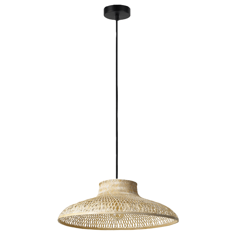 Woven pendant light on a black background