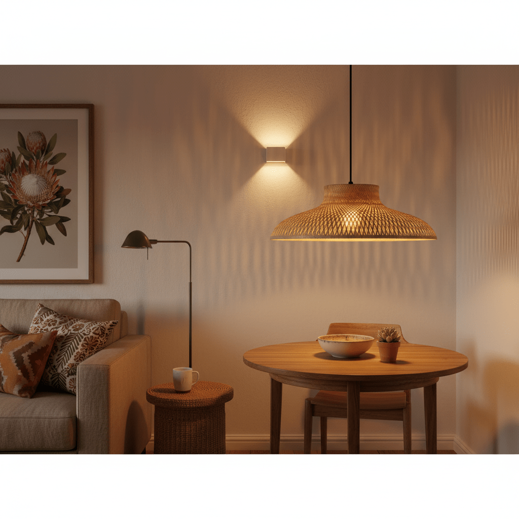 Woven bamboo rattan pendant light hanging above a wooden dining table with a bowl and plant.