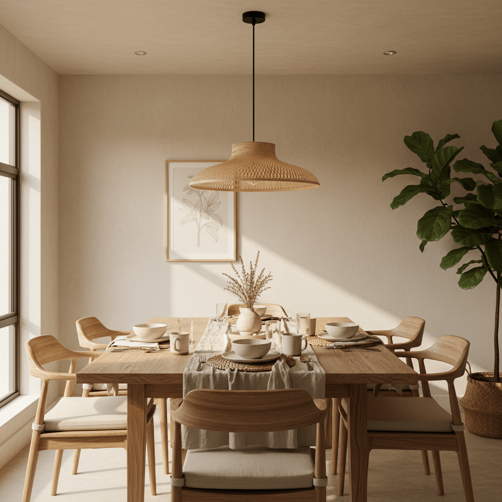 Woven bamboo rattan pendant light hanging over a wooden dining table set with dishes and a plant in the background.