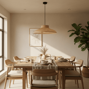 Woven bamboo rattan pendant light hanging over a wooden dining table set with dishes and a plant in the background.