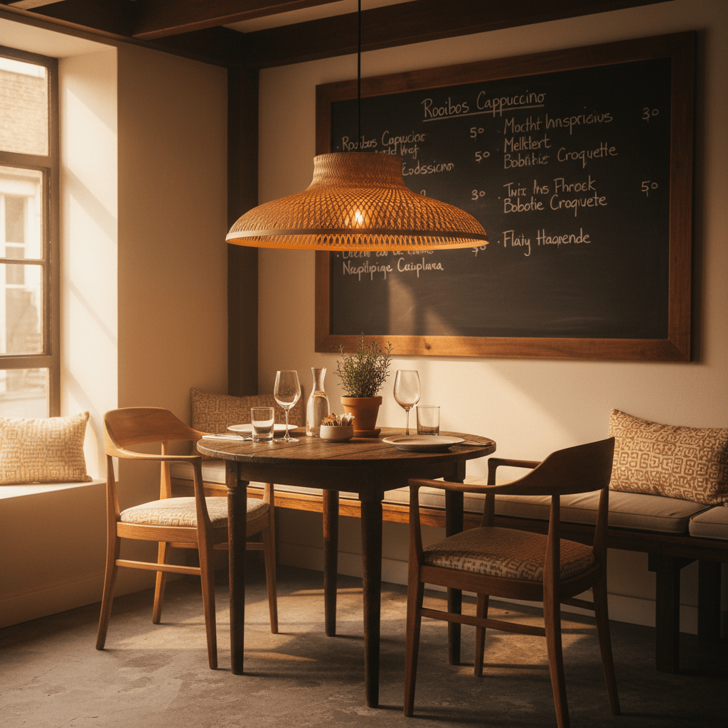 Woven bamboo rattan pendant light hanging above a wooden dining table in a cozy café setting.