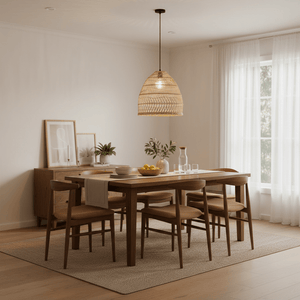 Woven rattan pendant light hanging above a wooden dining table set with dishes and a vase.