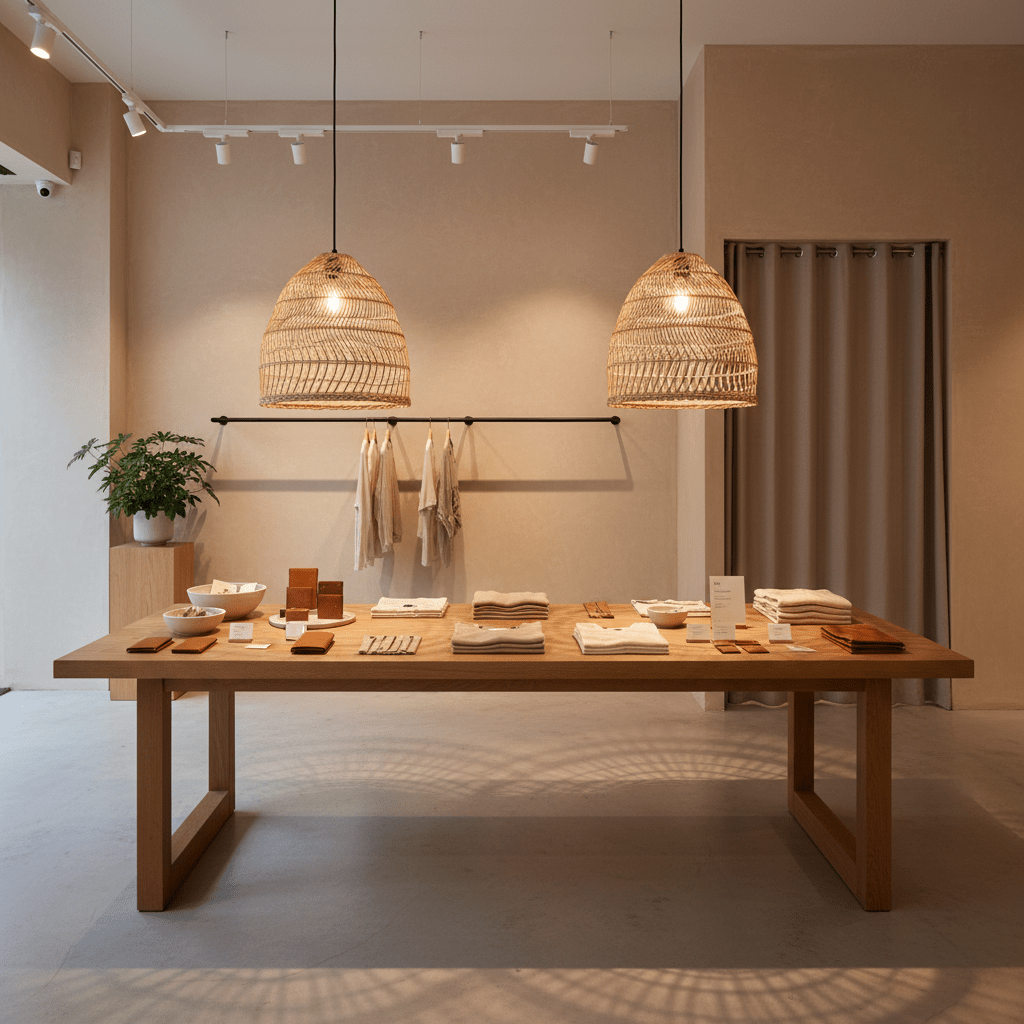 Two woven rattan pendant lights hang above a wooden table displaying various items in a retail space.