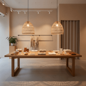 Two woven rattan pendant lights hang above a wooden table displaying various items in a retail space.