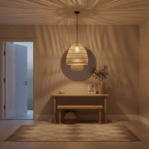 Woven rattan pendant light casting intricate shadows in a cozy entryway with a mirror and wooden bench.