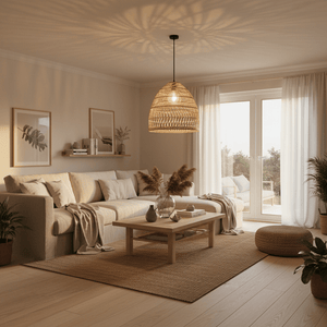 Woven rattan pendant light hanging above a cozy living room with a neutral color palette and natural decor.