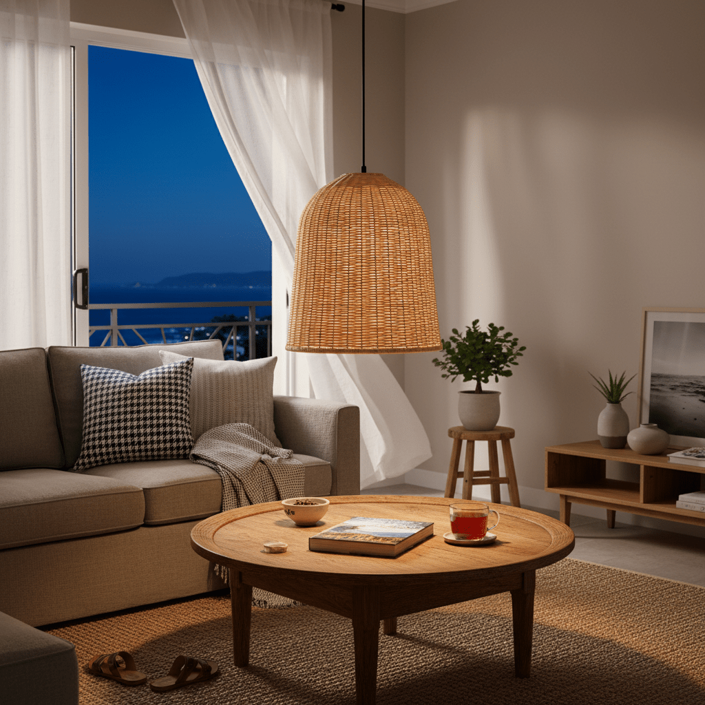 Rattan pendant light hanging over a cozy coffee table in a modern living room setting.