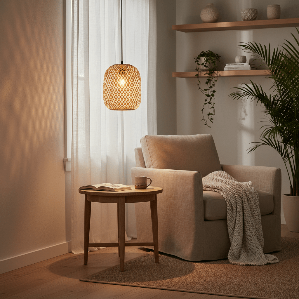 Handwoven rattan pendant light hanging above a cozy armchair and side table with a book and mug.