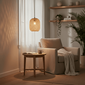Handwoven rattan pendant light hanging above a cozy armchair and side table with a book and mug.