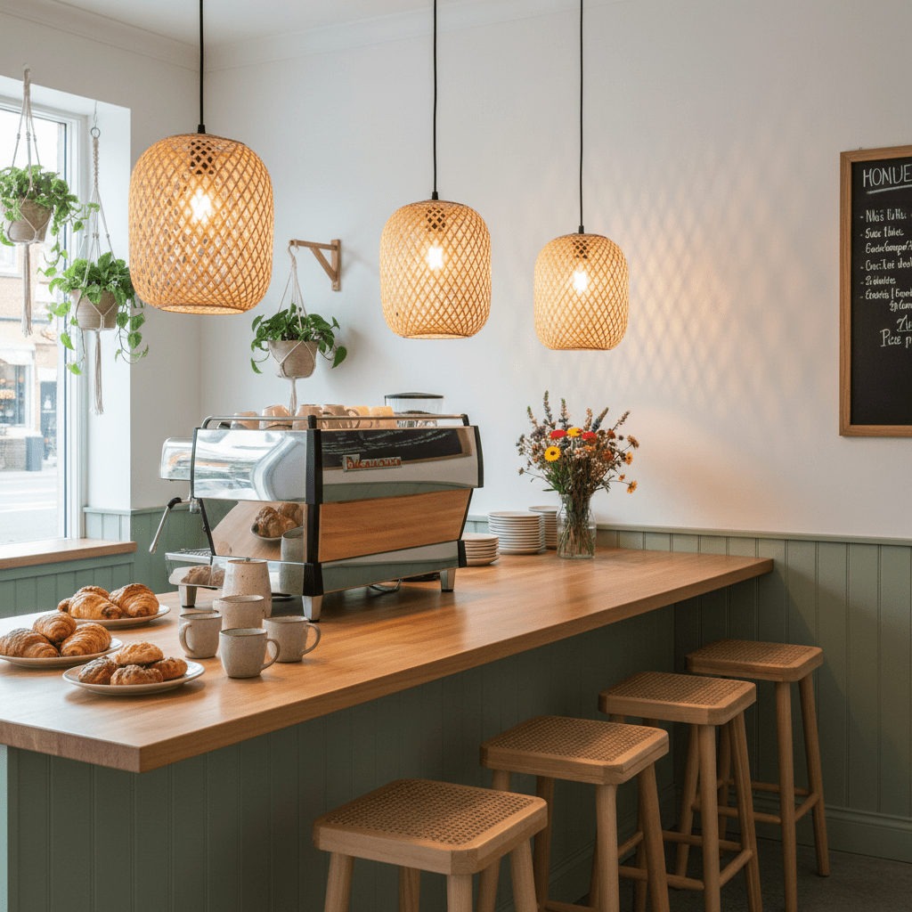 Three handwoven rattan pendant lights hang above a wooden counter with pastries and coffee equipment.