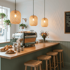Three handwoven rattan pendant lights hang above a wooden counter with pastries and coffee equipment.