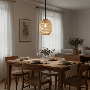 Handwoven rattan pendant light hanging above a wooden dining table set with plates and a vase.