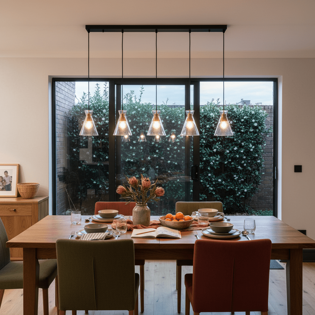 Five-light pendant light hanging above a dining table set with dishes and a vase of flowers.