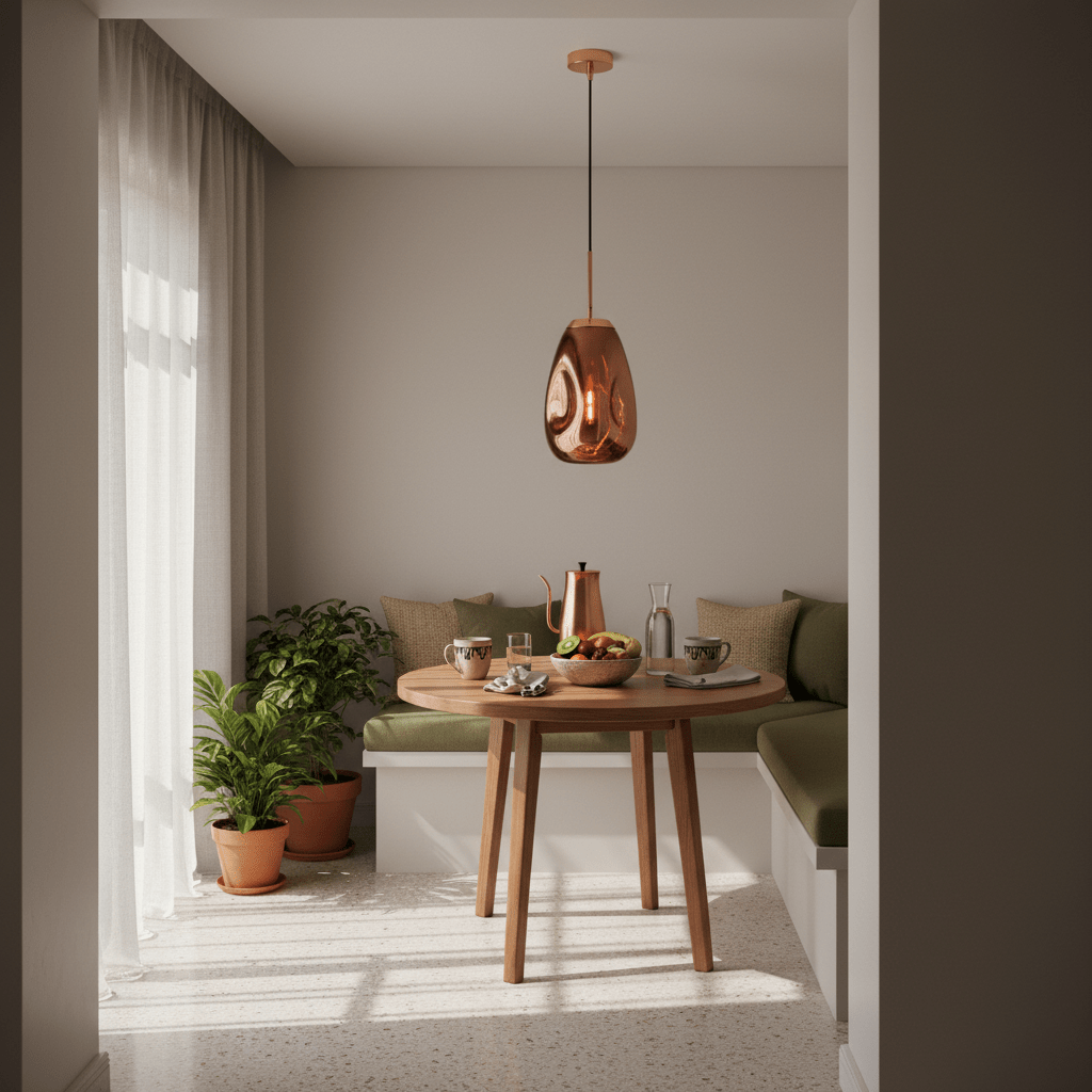 Copper teardrop pendant light hanging over a round wooden dining table in a modern nook
