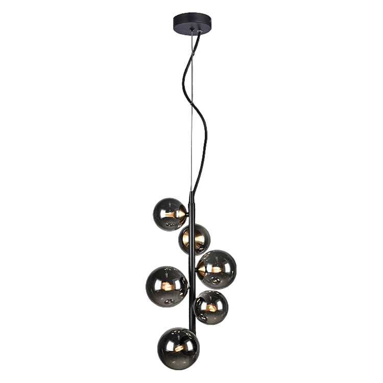 Modern chandelier with glass globe lights on a black background