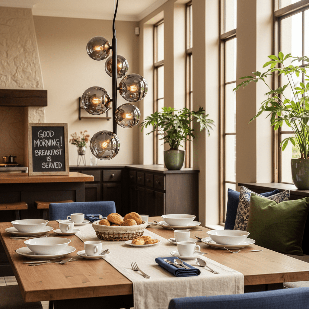 Stylish black pendant light with glass globes hanging over a dining table set for breakfast.