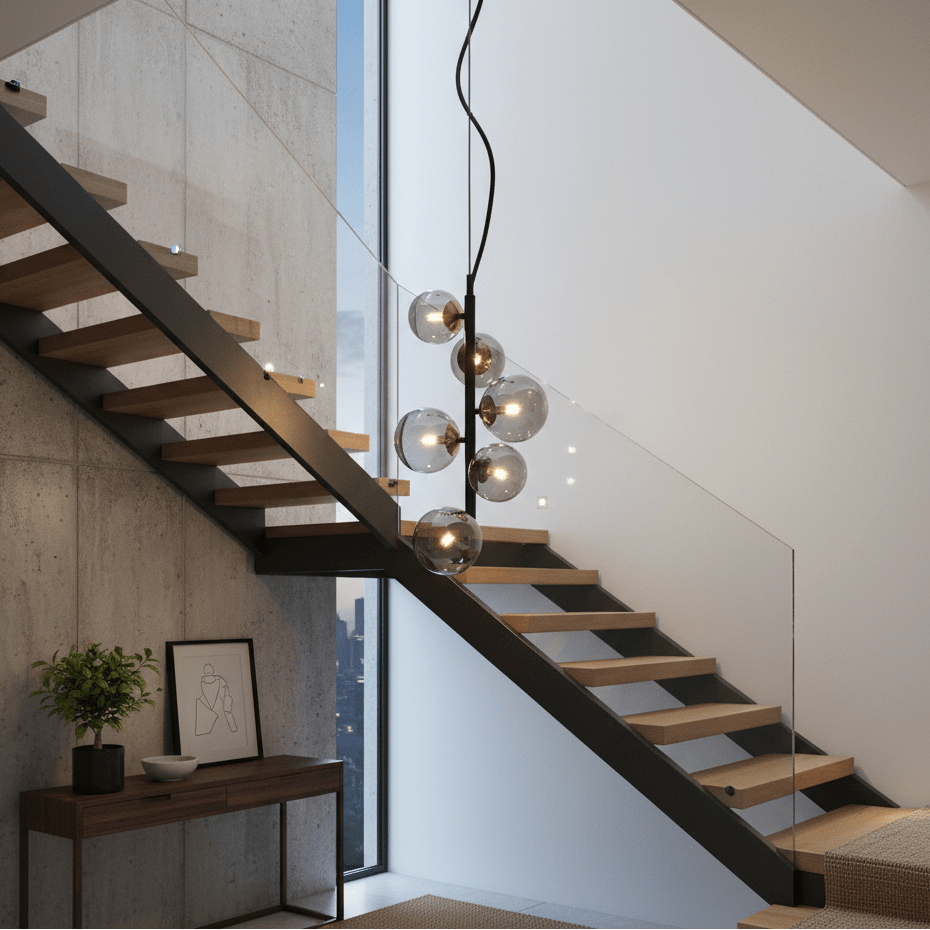 Modern black pendant light with glass bubbles hanging above a stylish staircase.