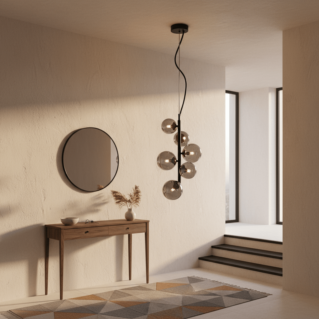 Stylish black pendant light with glass globes hanging above a wooden console table in a modern interior.