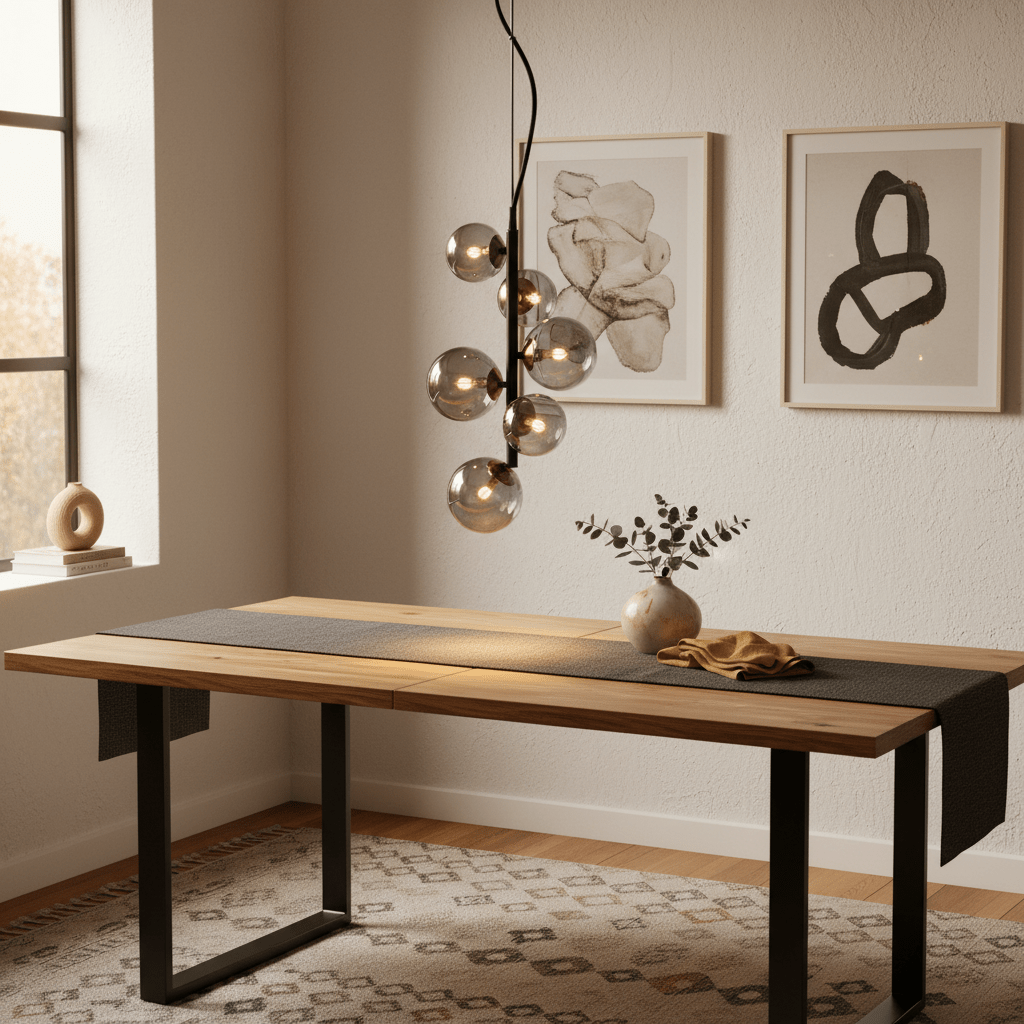 Stylish black pendant light with glass globes hanging above a wooden dining table, enhancing the modern decor.