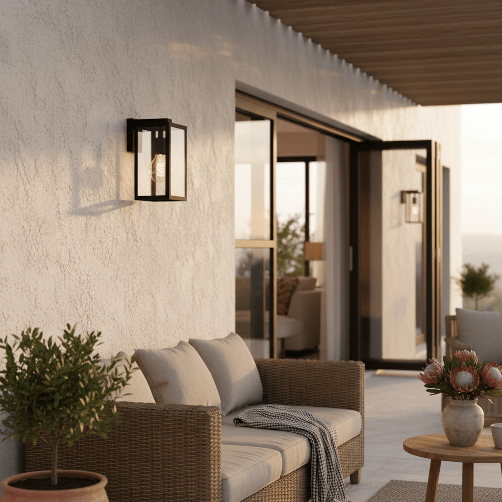 Bedford Outdoor Wall Light mounted on a textured wall beside a cozy outdoor seating area.