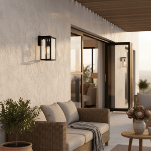 Bedford Outdoor Wall Light mounted on a textured wall beside a cozy outdoor seating area.