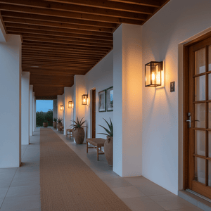A stylish outdoor wall light illuminating a covered entrance with potted plants and wooden benches.
